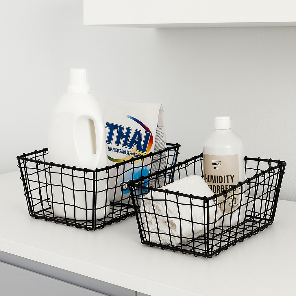 Praktiske svarte trådkurver med vaskemidler – perfekt for smart og stilren oppbevaring på vaskerom, bad eller i rengjøringsskap