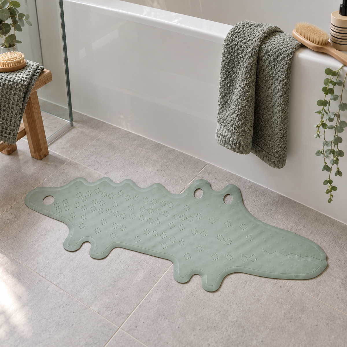 Grønn krokodilleformet badematte 91 x 32,5 cm på flislagt gulv foran badekar i lyst nordisk baderom.