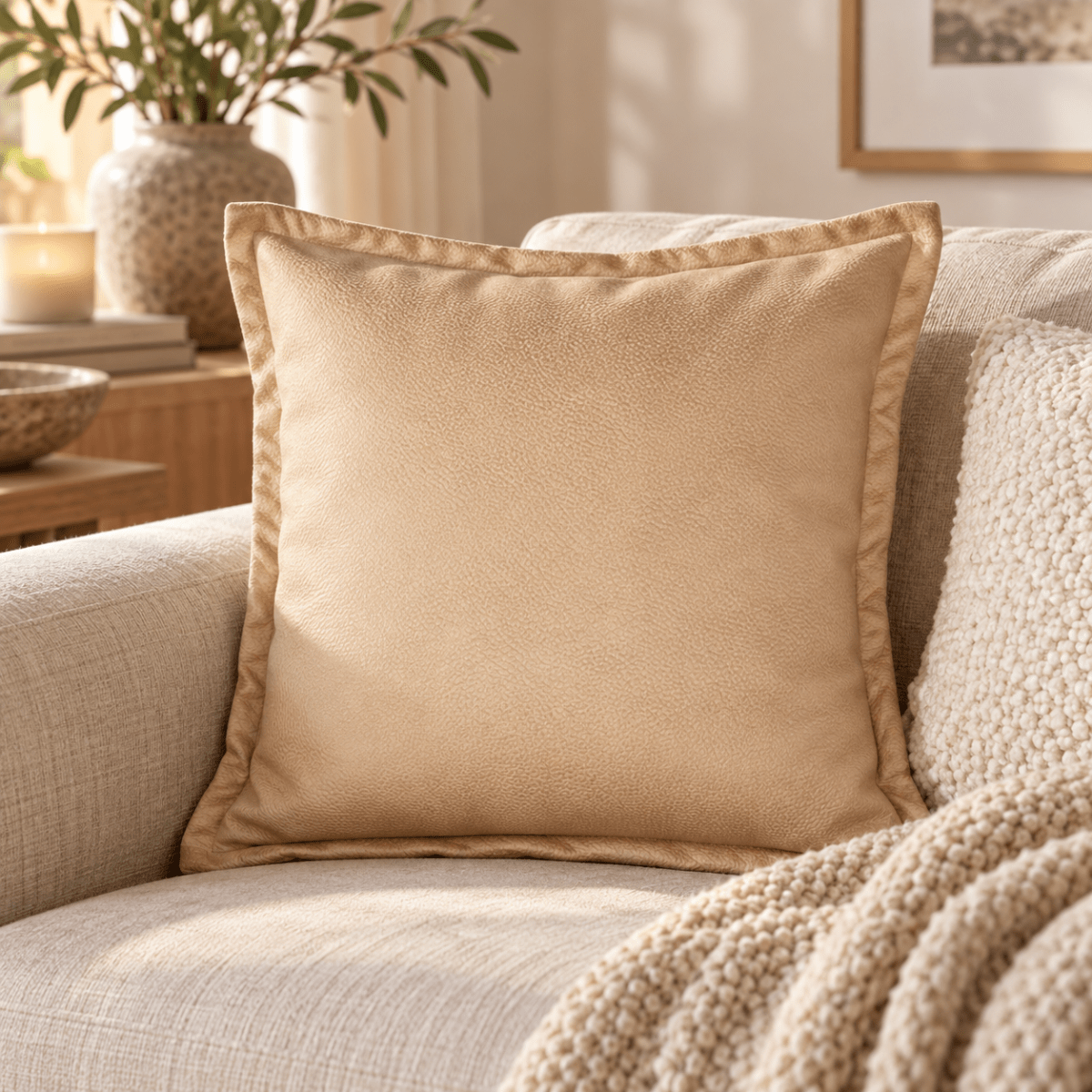 Brunt putetrekk i skinnlook 50 x 50 cm i lys sofa med strikket pledd og lun innredning
