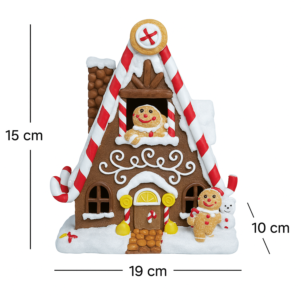 Pepperkakehus med mål 19 × 15 × 10 cm, dekorert med sukkerrør, glasur og pepperkakefigurer.