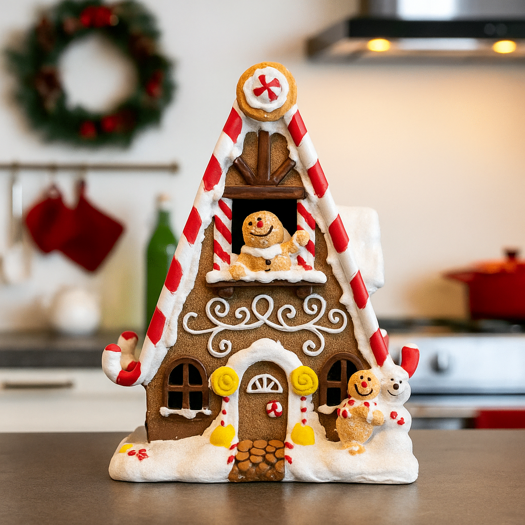 Pepperkakehus med rød-hvite detaljer og pepperkakemann i vinduet, på kjøkken med julepynt i bakgrunnen.