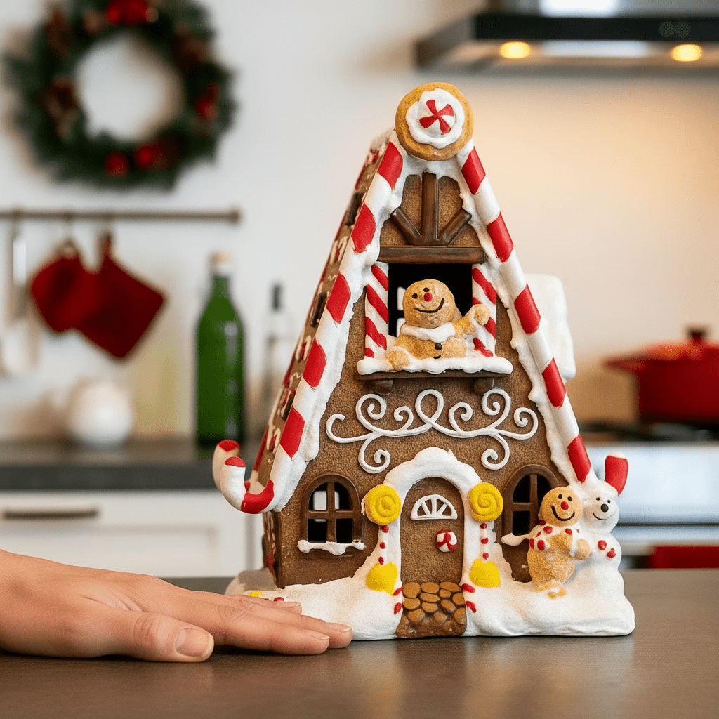 Peberkagehus med rød-hvide detaljer og peberkagemand i vinduet, på køkkenet med julepynt i baggrunden.