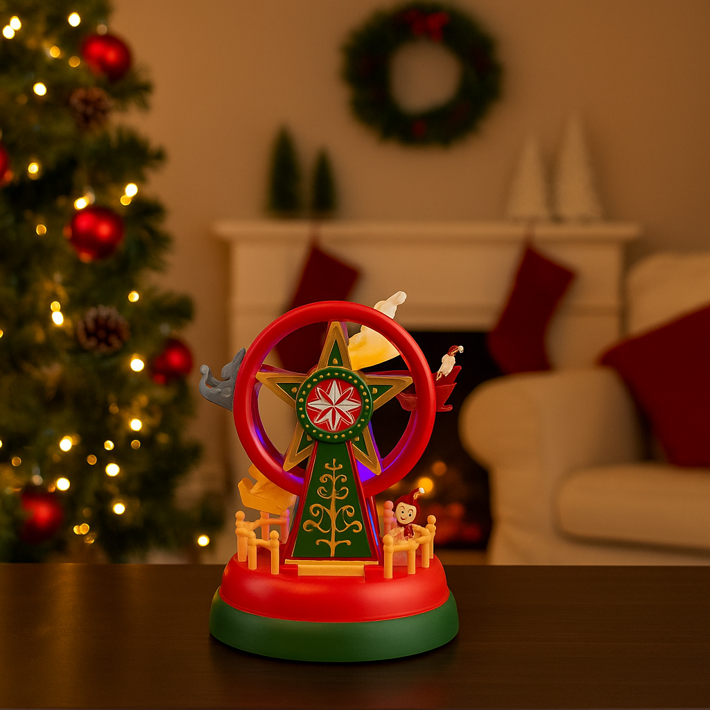 Juledekor i form av pariserhjul på bord foran juletre, peis og sofa i julepyntet stue.