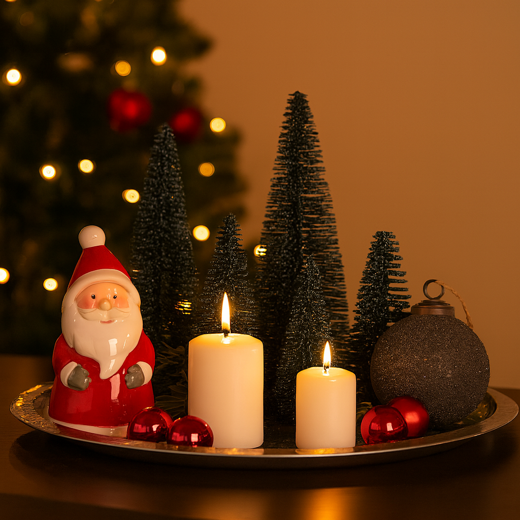 Mørkegrønne miniatyrjuletrær med glitter plassert sammen med grønne lysestaker og tente lys.