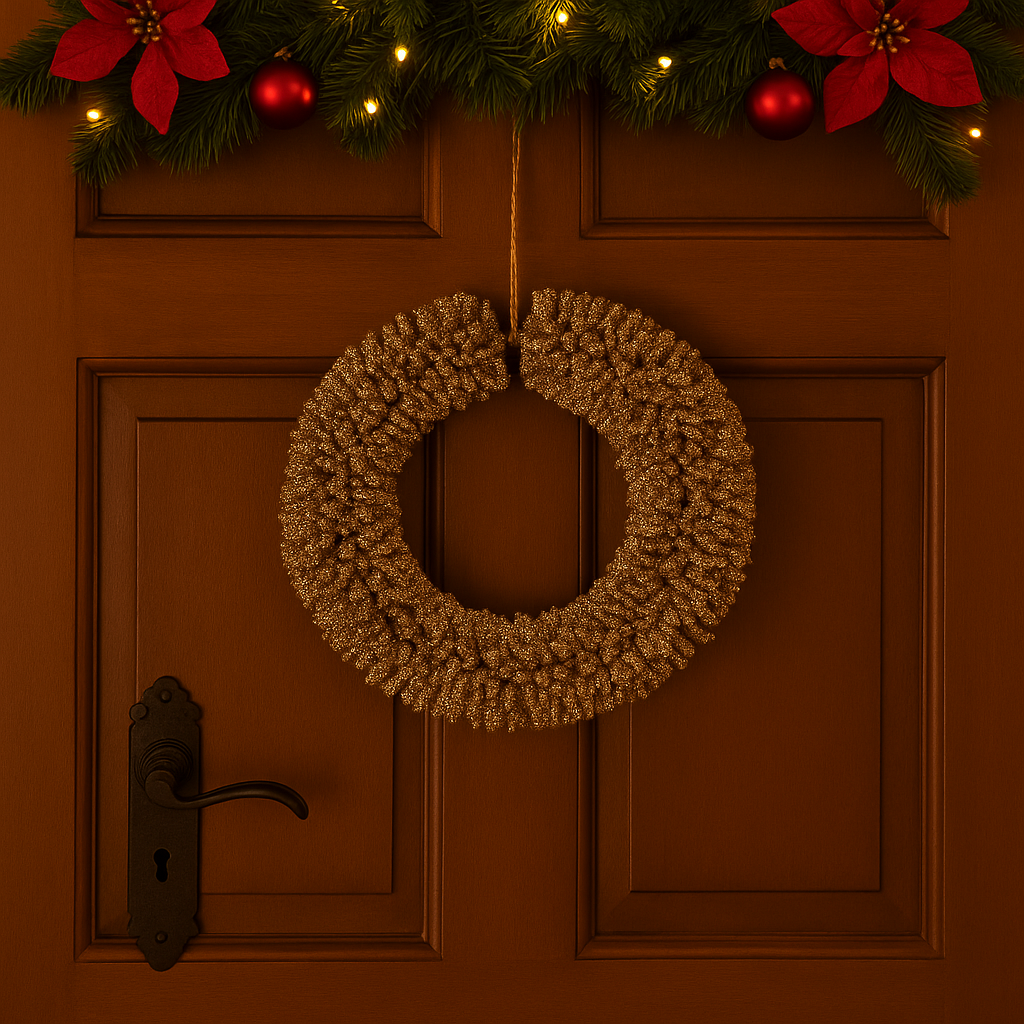 Gullfarget julekrans på brun inngangsdør, pyntet med girlander, røde julekuler og julestjerner.
