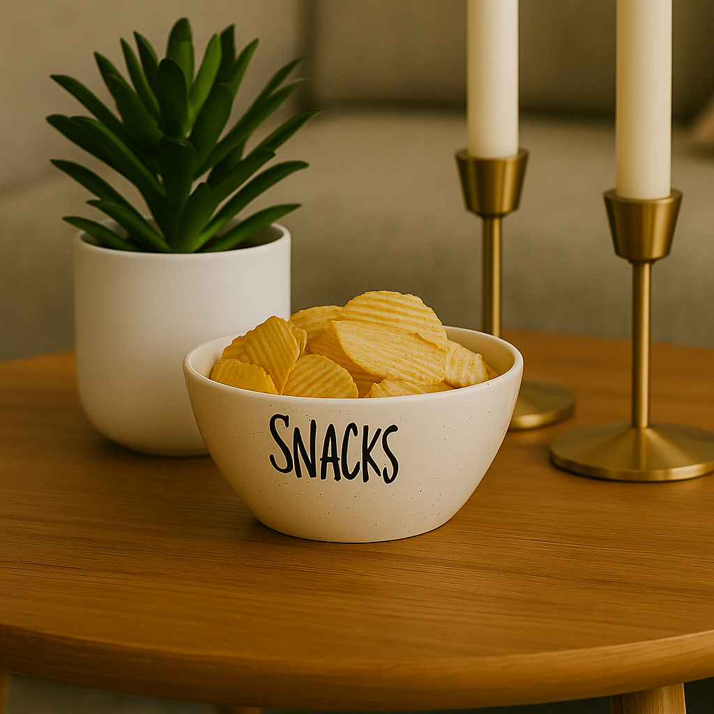 Liten keramisk bolle med teksten "SNACKS", fylt med potetgull, på trebord med lysestaker og grønn plante.