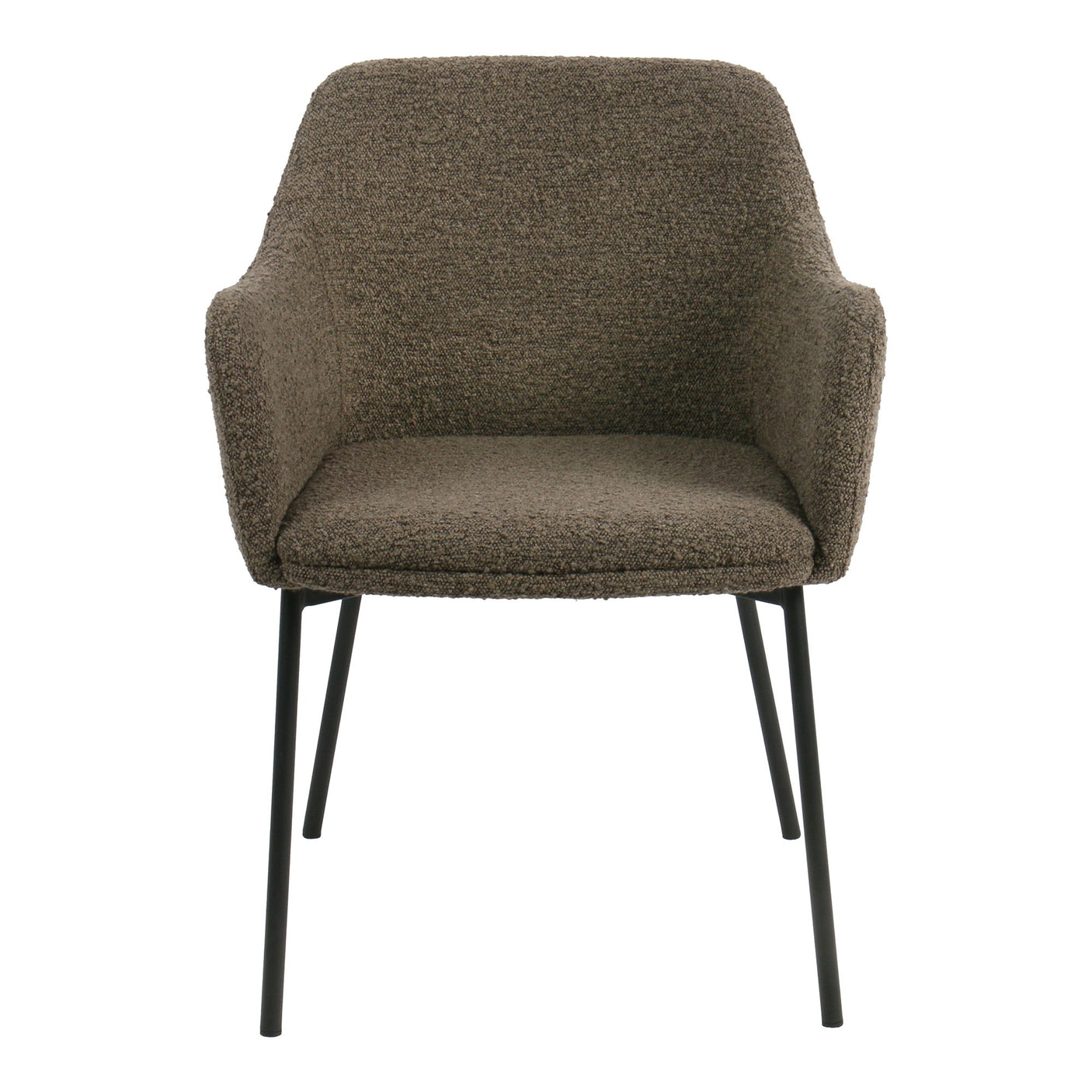 Melilla spisestol i brun bouclé med armlener – frontperspektiv