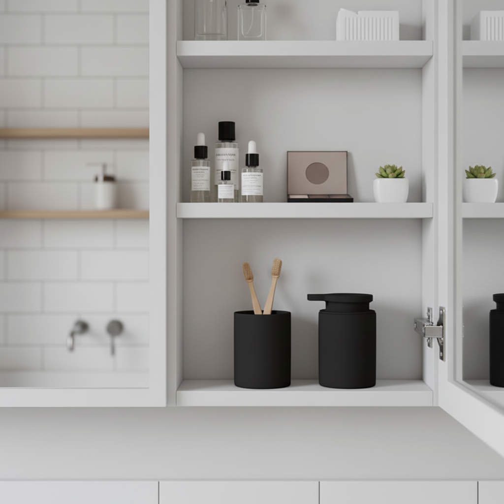 Karma tannbørsteholder og såpedispenser i matt sort fra Zone Denmark plassert på servant