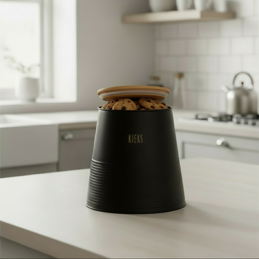 Kvadratisk bilde av sort kjeksboks med bambuslokk på kjøkkenbenk