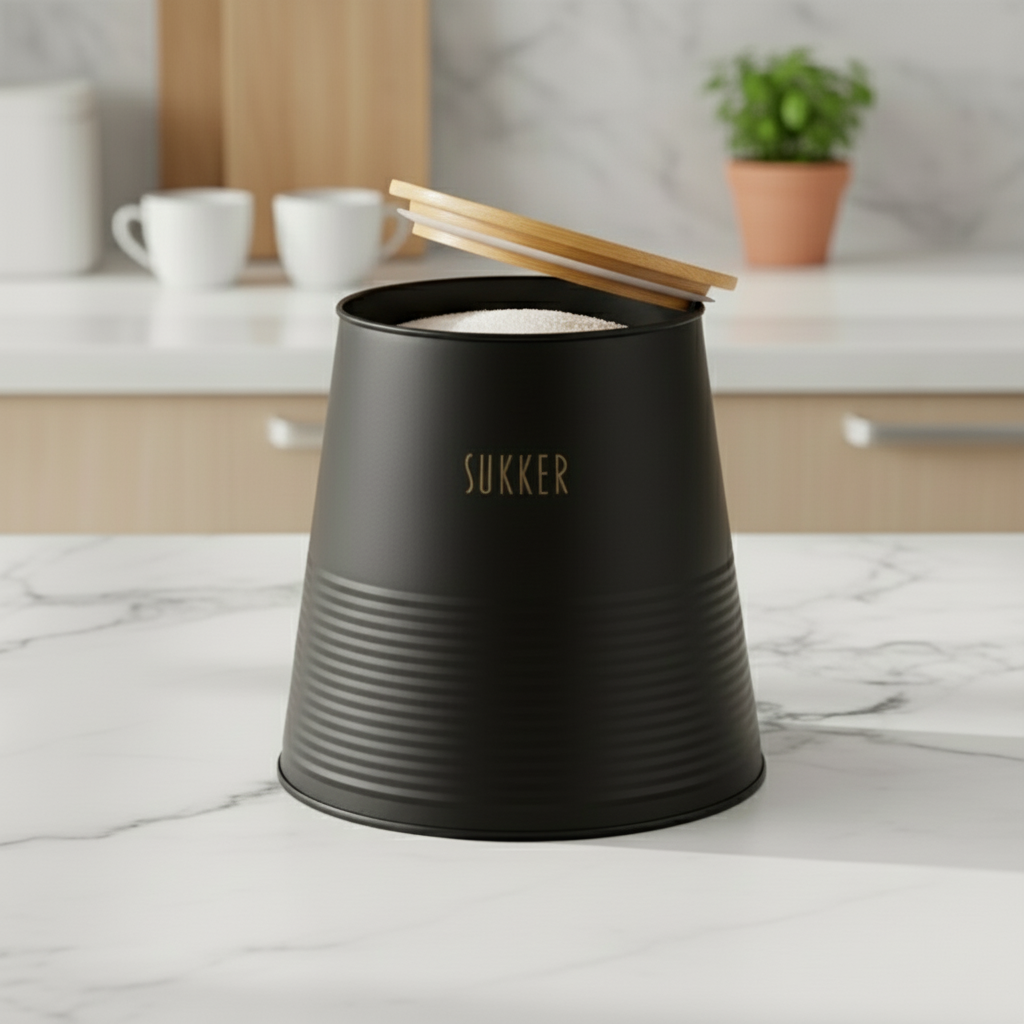 Kvadratisk bilde av sort sukkerboks i metall med åpent bambuslokk på lys kjøkkenbenk