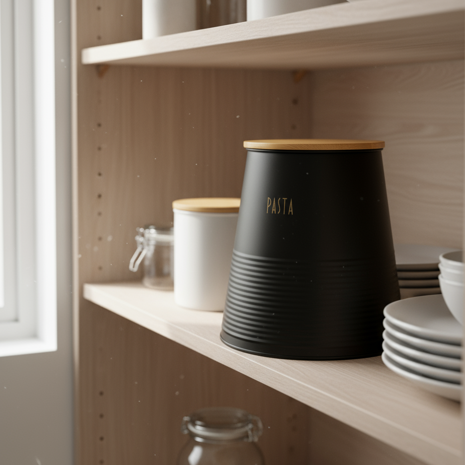 Kvadratisk bilde av sort oppbevaringsboks til pasta