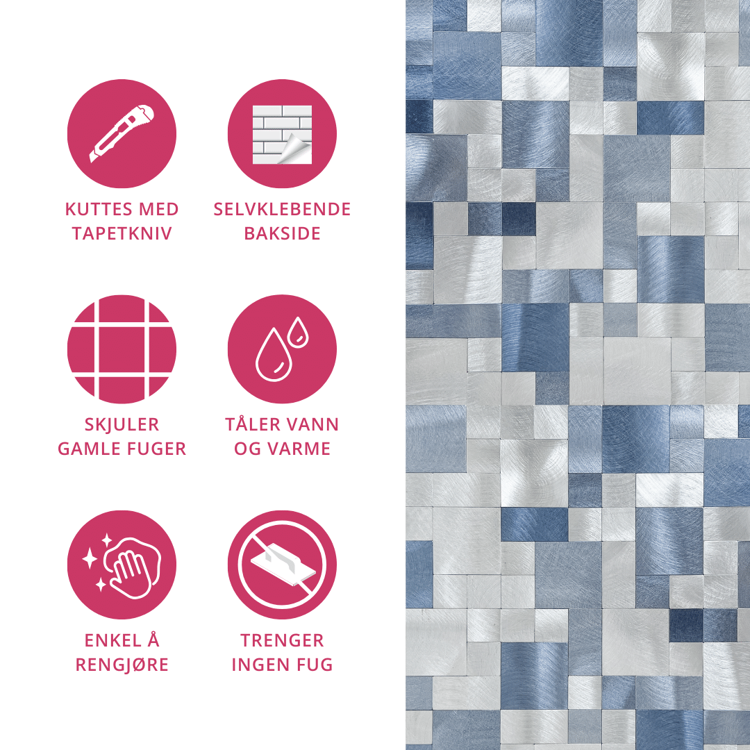 Lykke selvklebende fliser med glansfullt, speilende uttrykk.