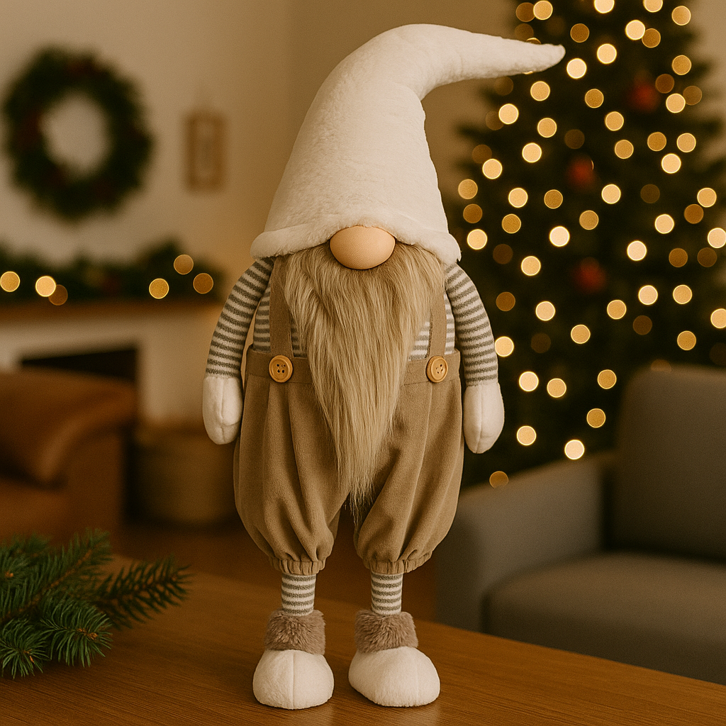 Nissefigur med hvit hatt og langt skjegg i en julepyntet stue med juletre i bakgrunnen.