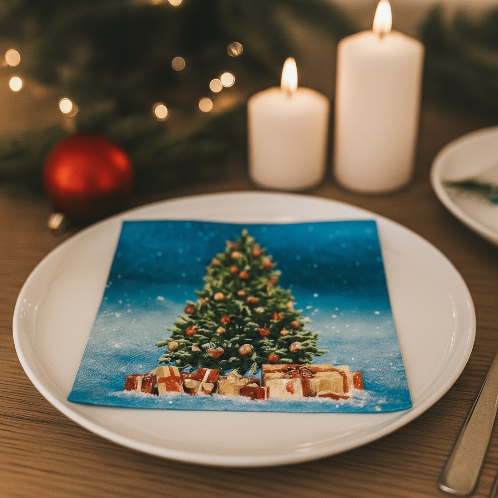 Juleserviett med motiv av juletre og gaver, plassert på en hvit tallerken på et oppdekket julebord med tente lys.