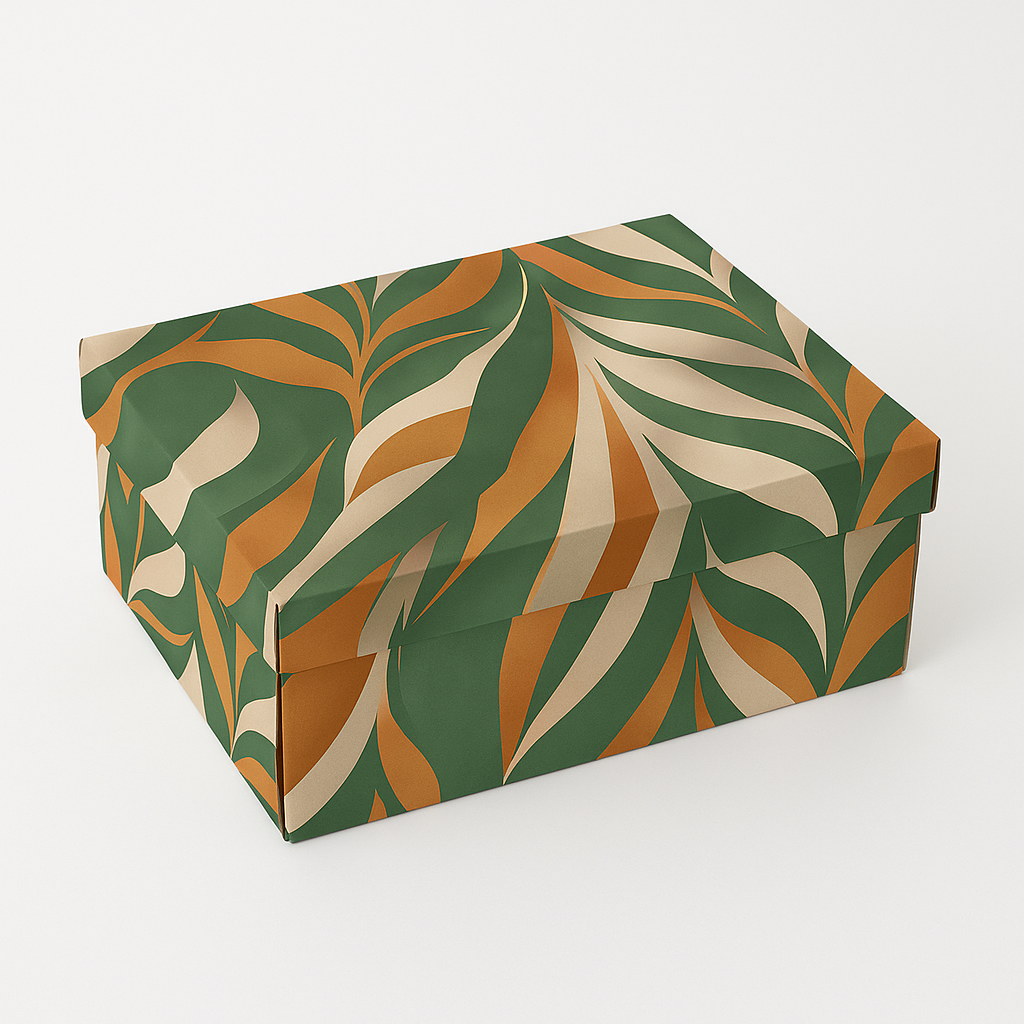 Boho leaves selvklebende folie på oppbevaringsboks - botanisk design i grønt og oransje