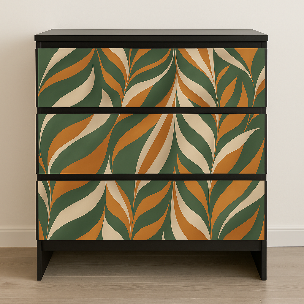 Boho leaves kontaktplast på kommode med botanisk blademønster i grønt, oransje og beige