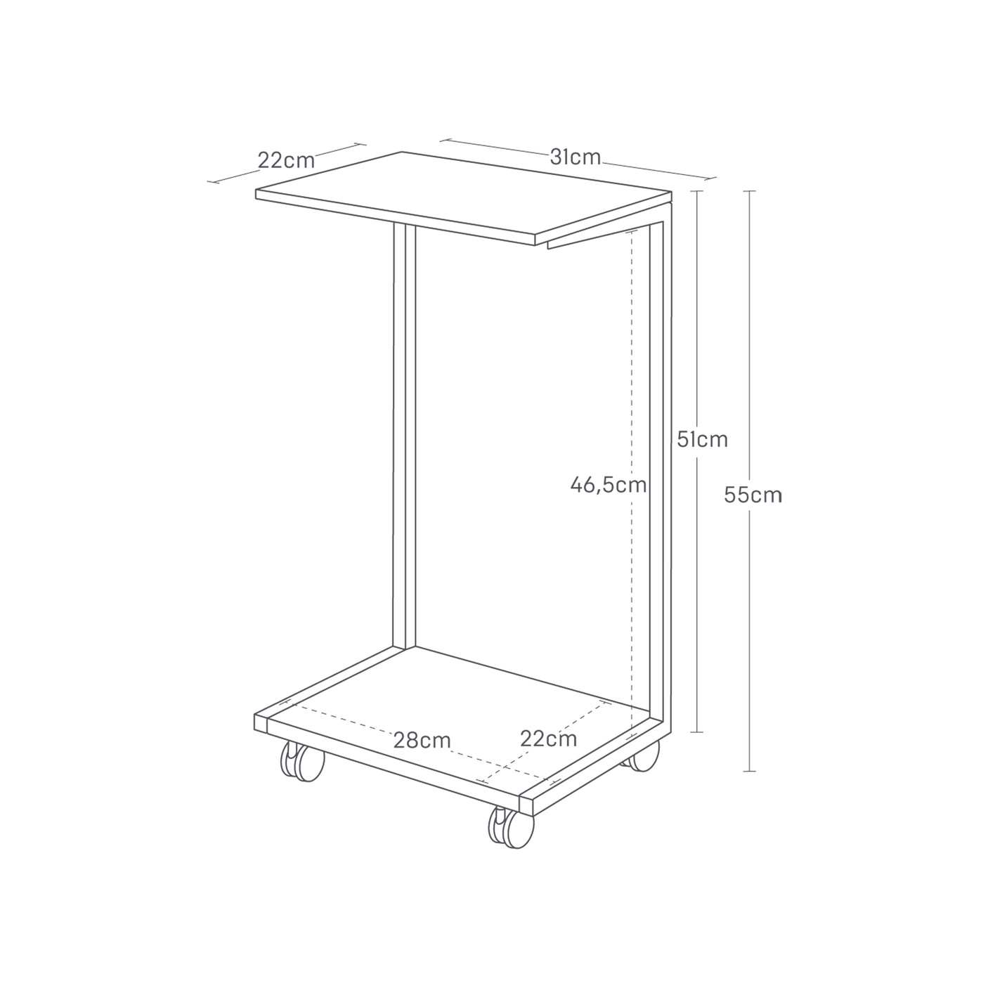 Kompakt sidebord i hvit med hjul og naturfarget topp ved sofa og lenestol.