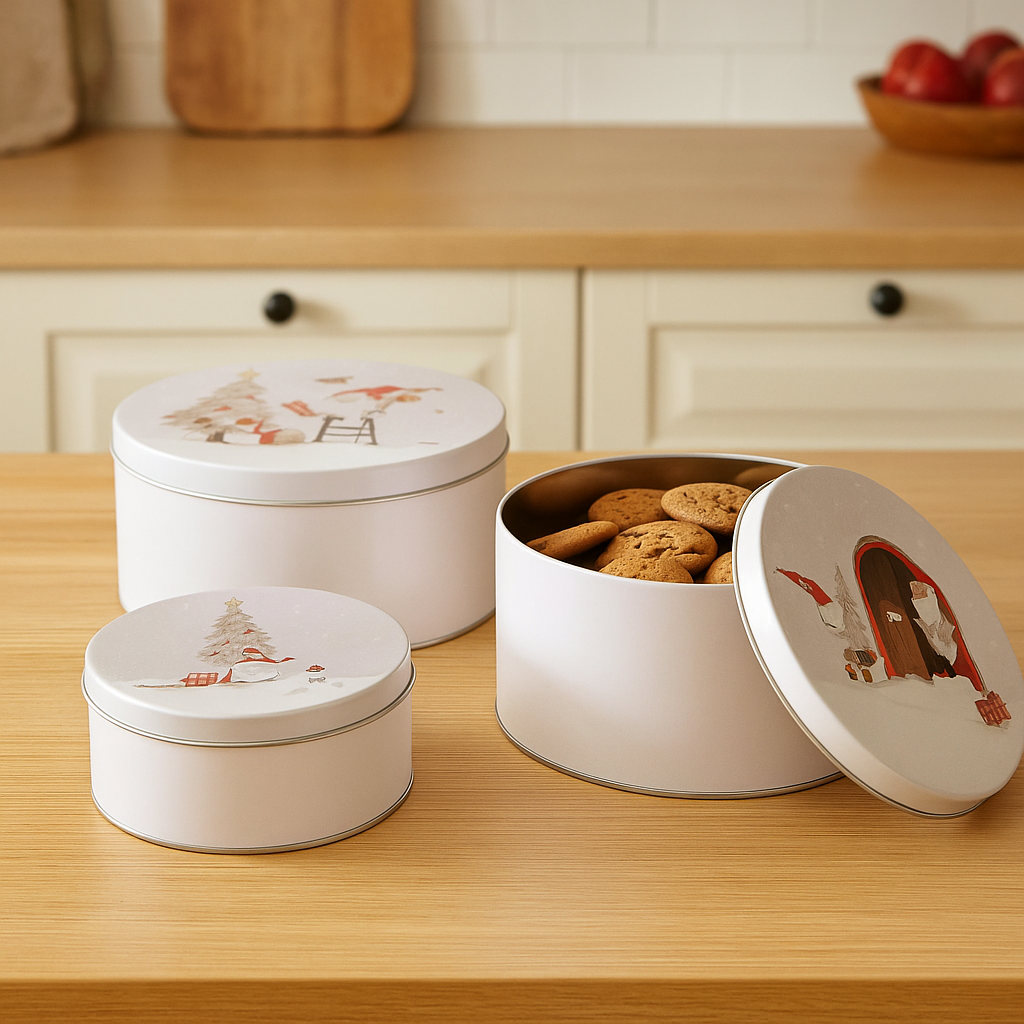 Tre hvite kakebokser med julemotiv på kjøkkenbenk, én åpen fylt med hjemmelagde kjeks.