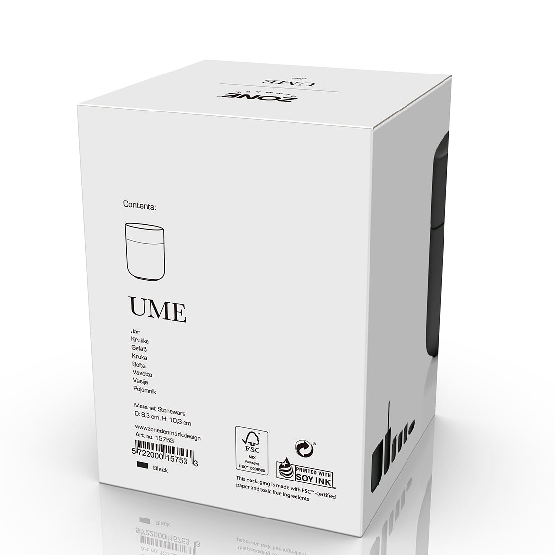 Produktemballasje med produktinformasjon til Ume krukke med lokk