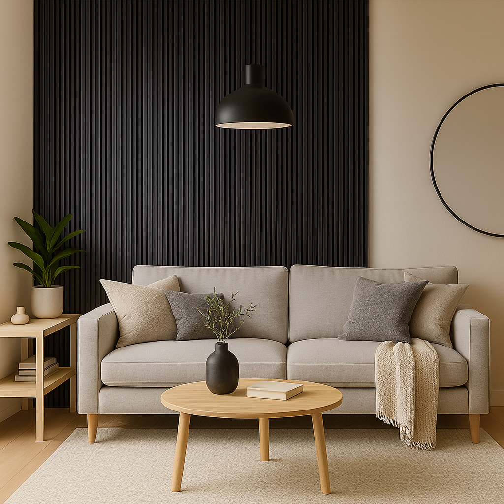 Moderne stue med lyse tremøbler, beige sofa og svarte spileplater på veggen i nordisk stil.