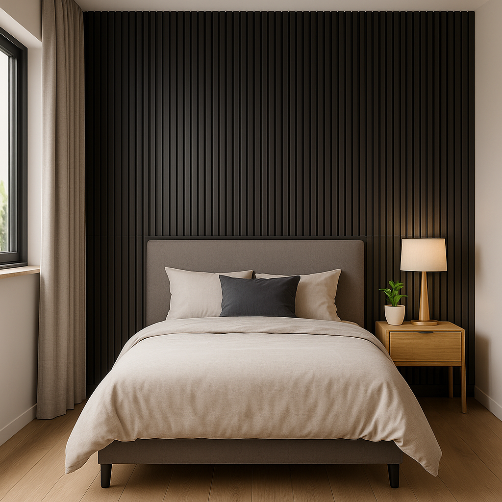 Moderne soverom med svarte spileplater på veggen, beige sengetøy og nattbord i lyst tre.