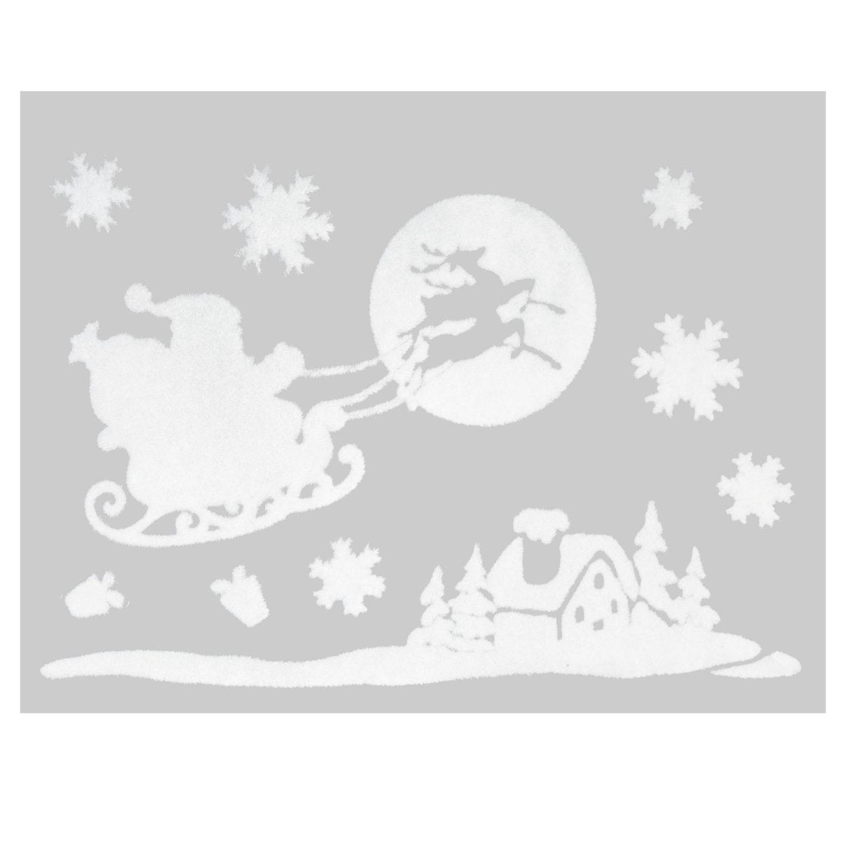 Julestickers nisse, snømann og pingvin 4 design 29 x 40 cm, nissen med slede foran månen