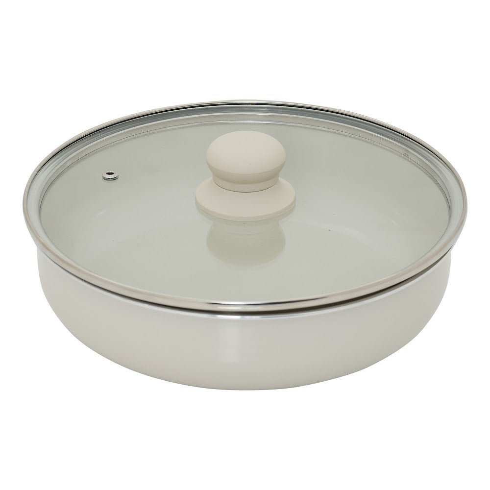 Beige gryte med glasslokk fra kokekarsettet