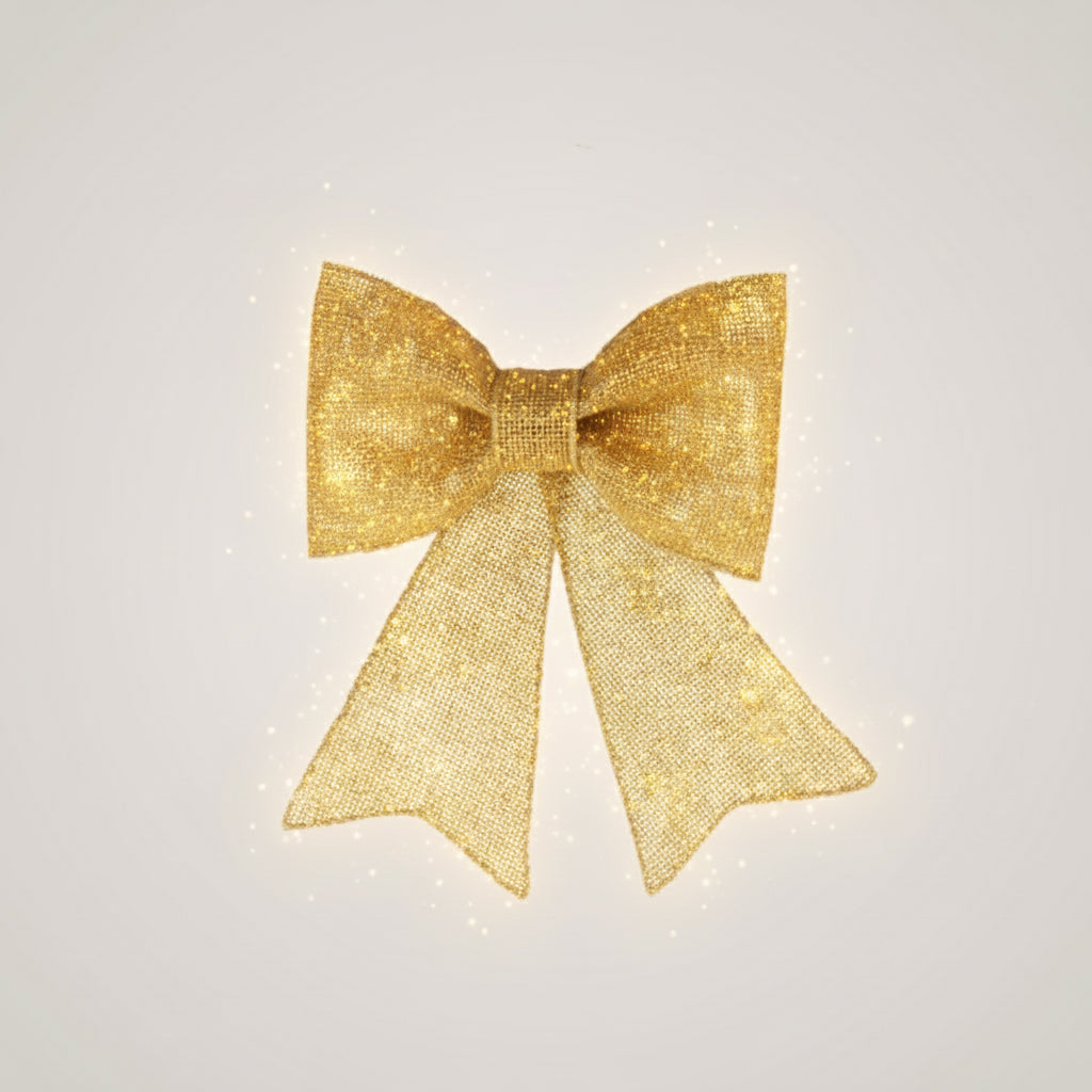 Gullfarget juletresløyfe med glitter, avbildet mot lys bakgrunn.