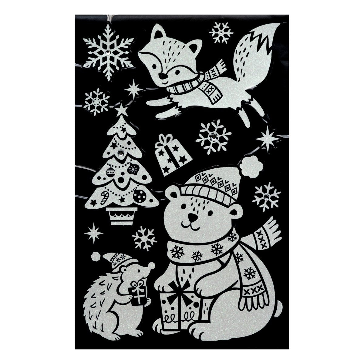 Julestickers med glitter og rhinsten 6 design 50 x 32 cm, nisse, snømann og juletre