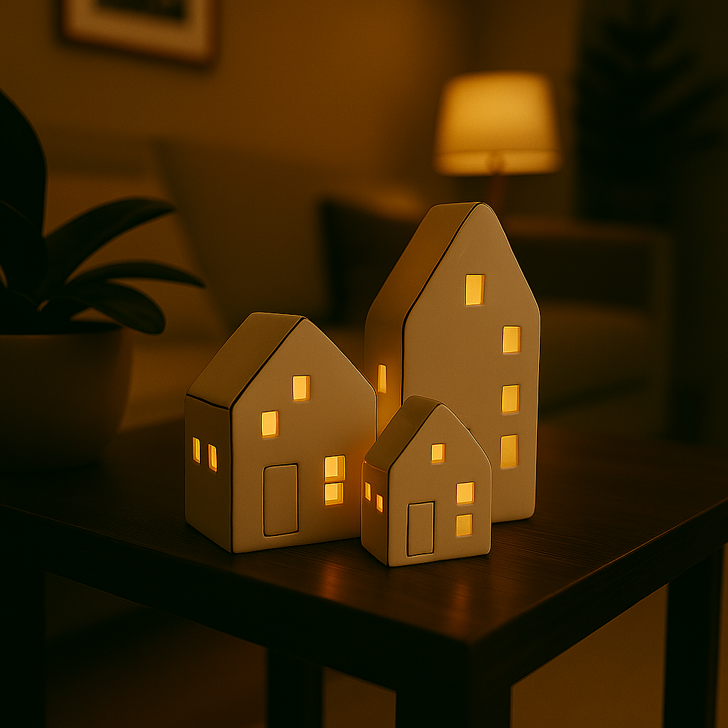 Tre keramikkhus med tent lys i vinduene, plassert koselig på bord i stue med dempet belysning.