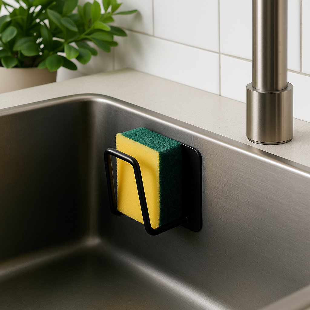 Knagg med svamp festet på innsiden av kjøkkenvask – grønn plante og kran i bakgrunnen.