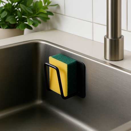 Knagg med svamp festet på innsiden av kjøkkenvask – grønn plante og kran i bakgrunnen.