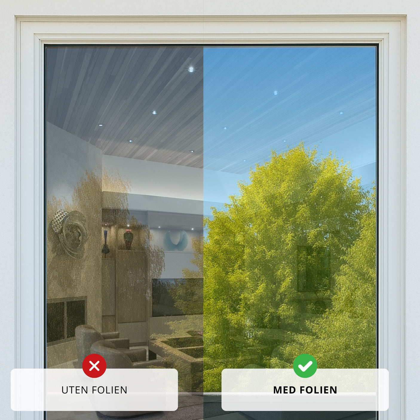Sammenligning av vindu med og uten reflektiv folie som reduserer innsyn og gir speileffekt i dagslys.