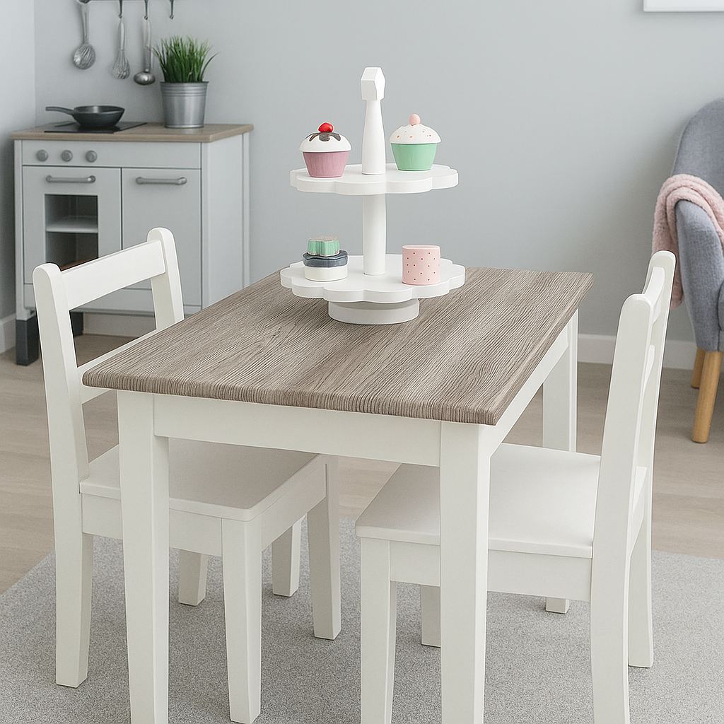 ite barnebord fornyet med Sanremo Eik Natur kontaktplast – gir et naturlig og slitesterkt uttrykk til lekekjøkken eller barnerom