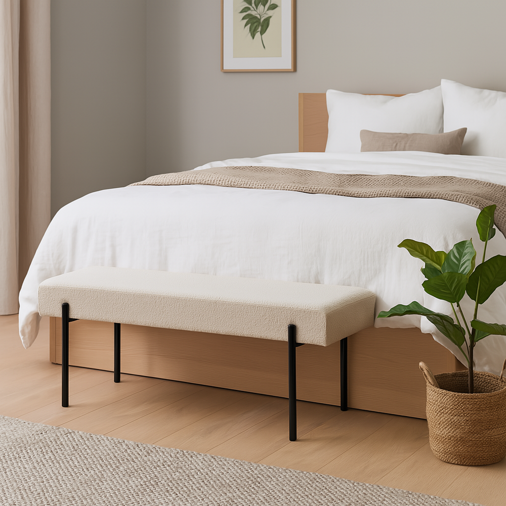 Beige benk med svarte ben står ved fotenden av en oppredd seng i lyst soverom med grønne planter og moderne, rolig interiør.