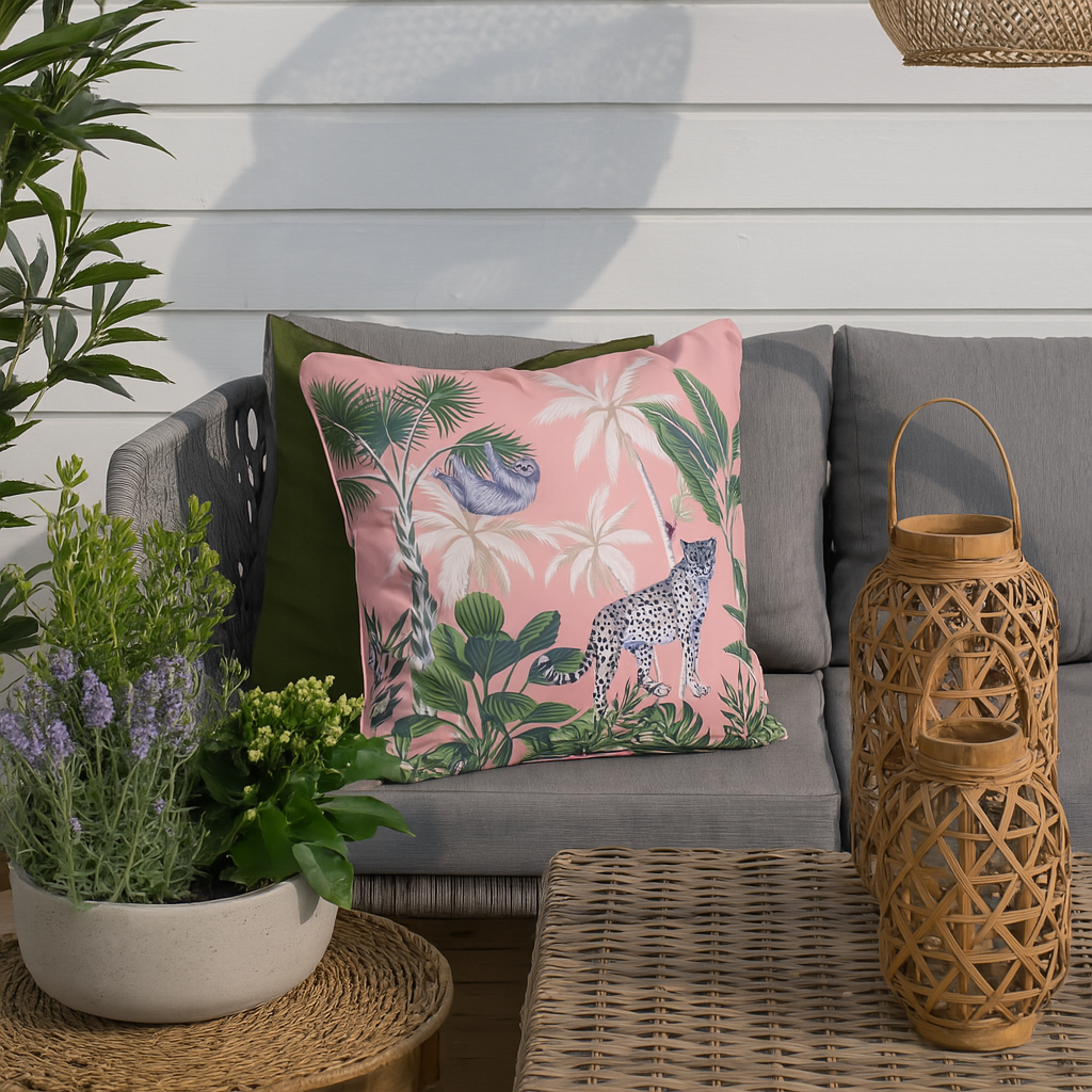 Tropisk pute i rosa på lys utesofa, dekorert med planter og et bord med blomster.