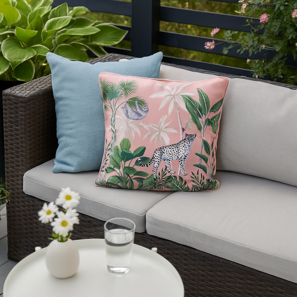 Rosa pute med jungelmønster i en utesofa på verandaen, omgitt av grønne planter og et lite bord med vase.