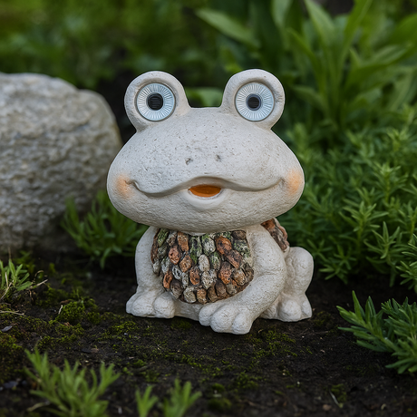 En dekorativ froskefigur plassert i en frodig hage med grønne planter og jord rundt