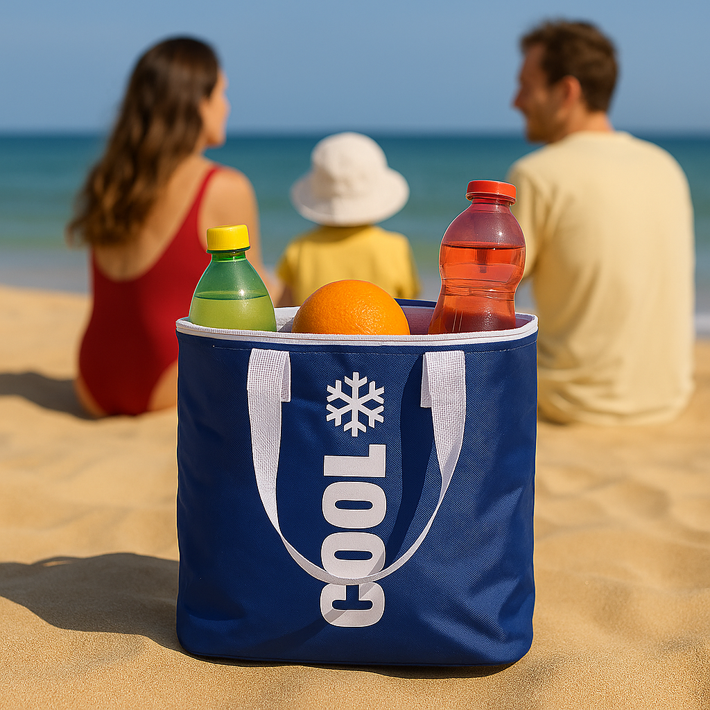 Blå kjølebag fylt med drikke og frukt står på stranden med familie i bakgrunnen.
