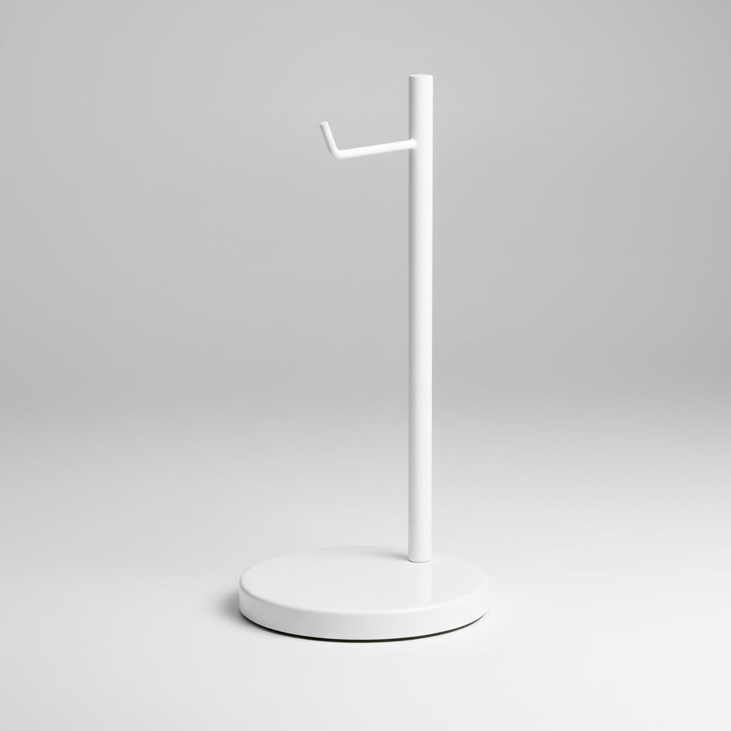 Minimalistisk hodetelefonstativ i hvitt design.