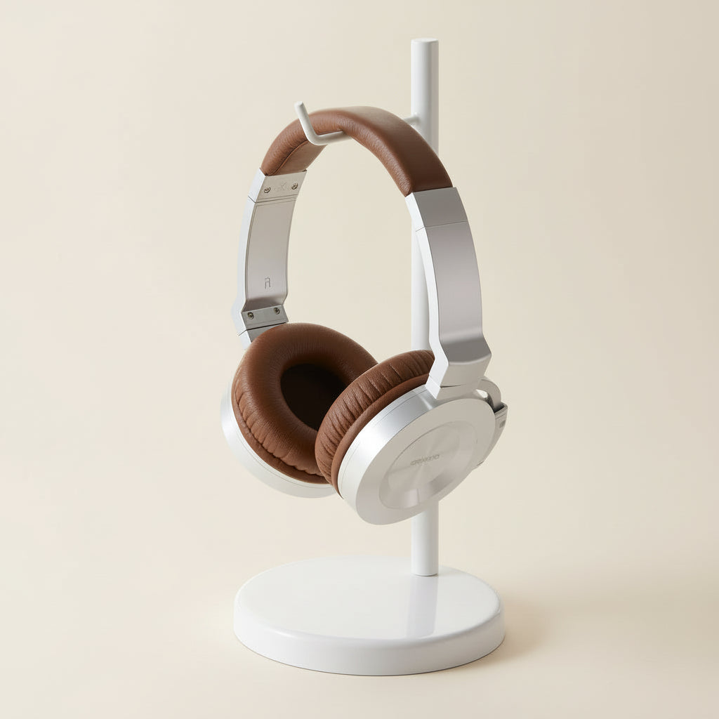 Rundt hodetelefonstativ i hvit metall på kommode.