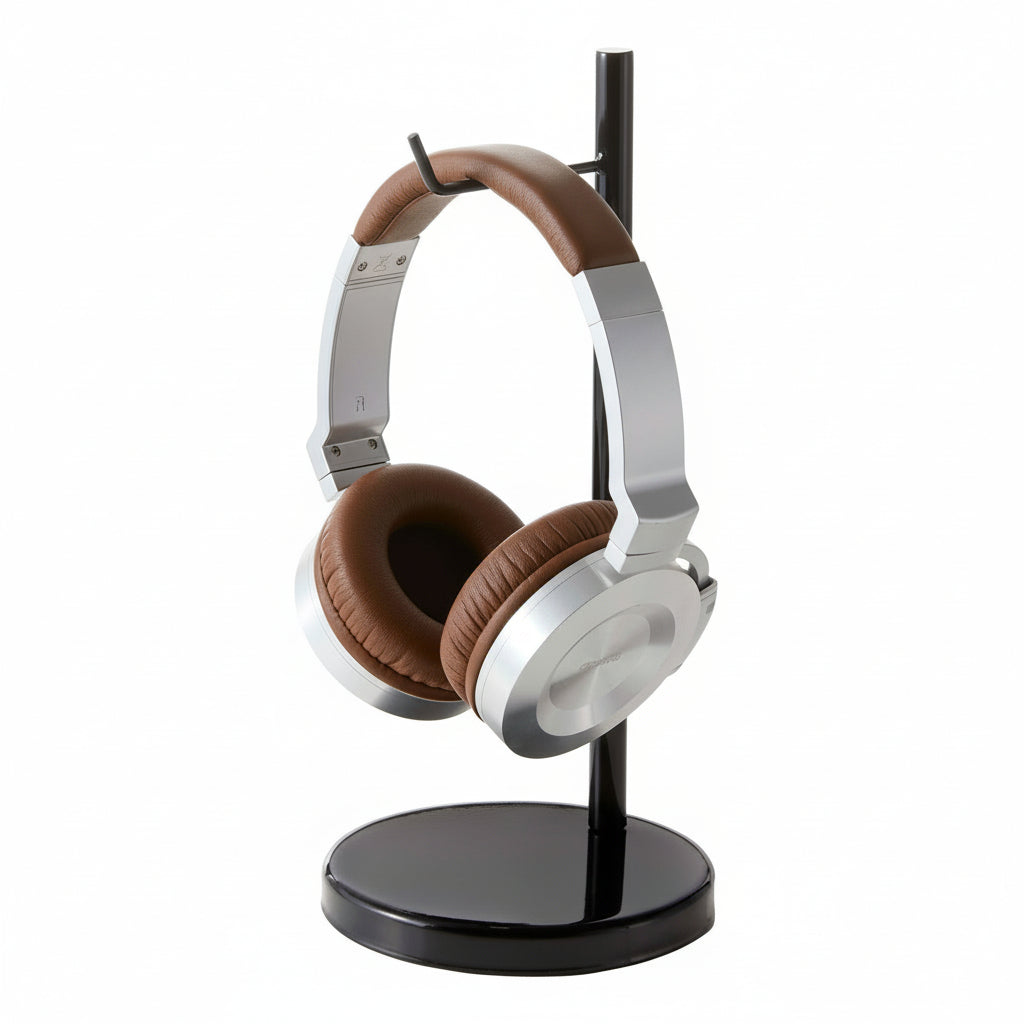 Elegant headset-holder i svart metall.