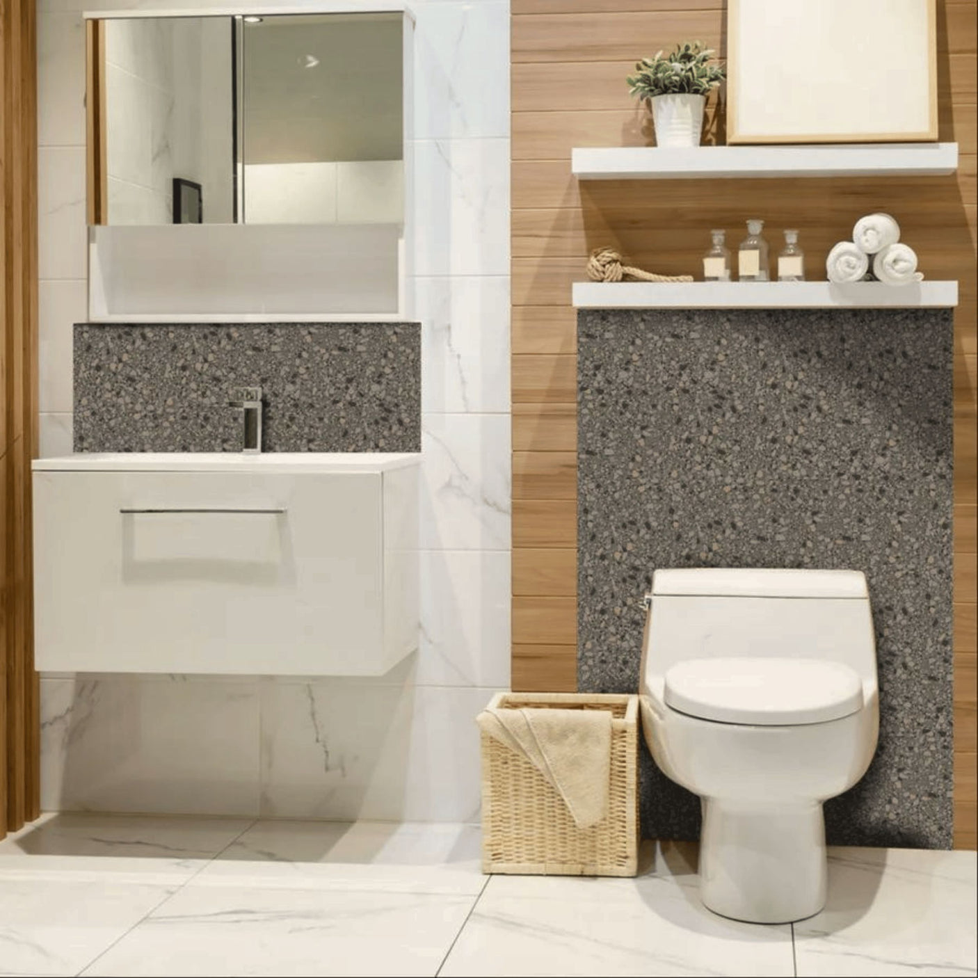 Installasjon av Clemont fliser i brun terrazzo-look