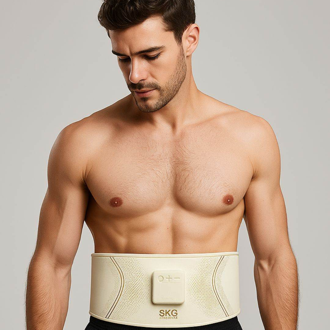 Magebelte GS300 med 6 elektrodepunkter og varmefunksjon for muskelstimulering og toning, vist forfra.