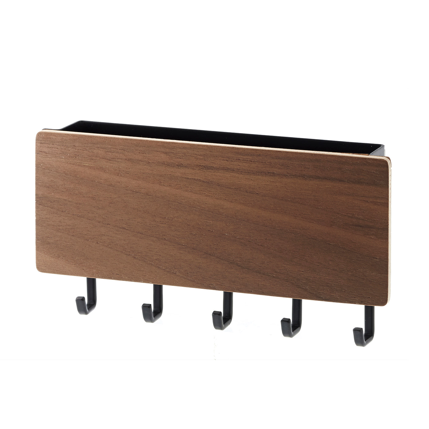 Nøkkelholder i sort med treoverflate sett fra siden