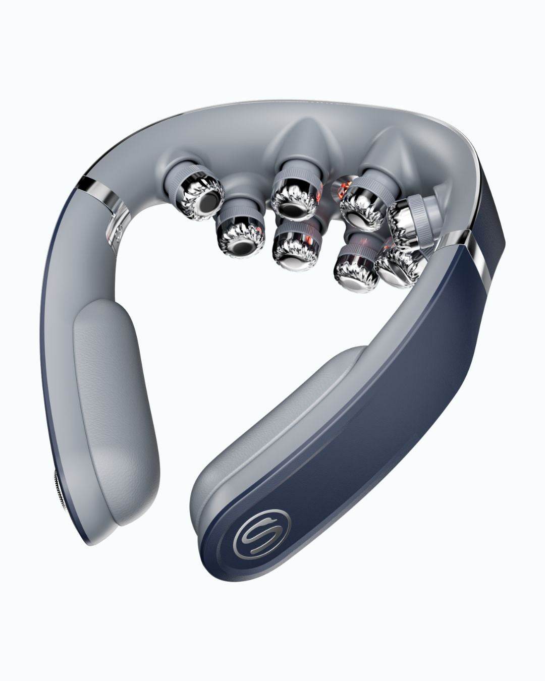 Sidebilde av massasjekrage med flere massasjehoder og elegant design.