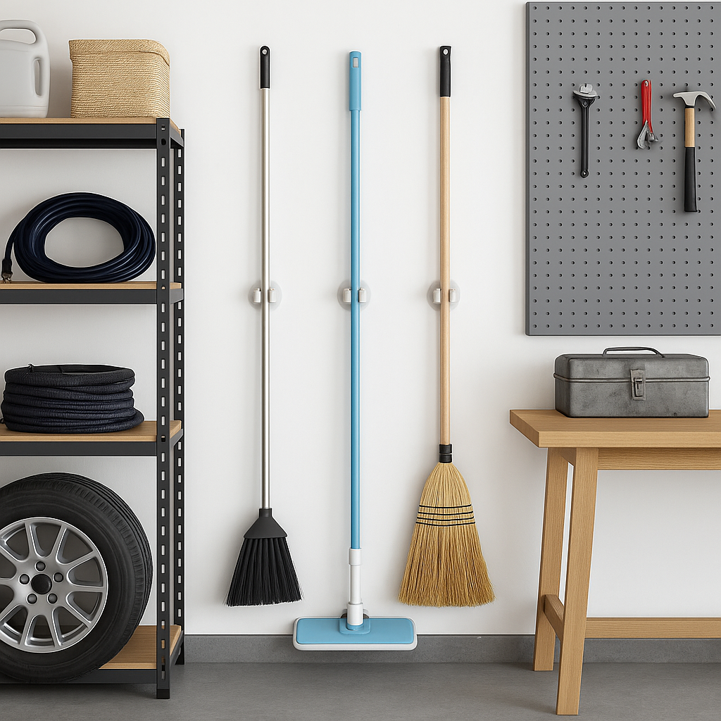 Moppeholdere montert i en ryddig garasje, holder koster og mopper organisert på vegg.