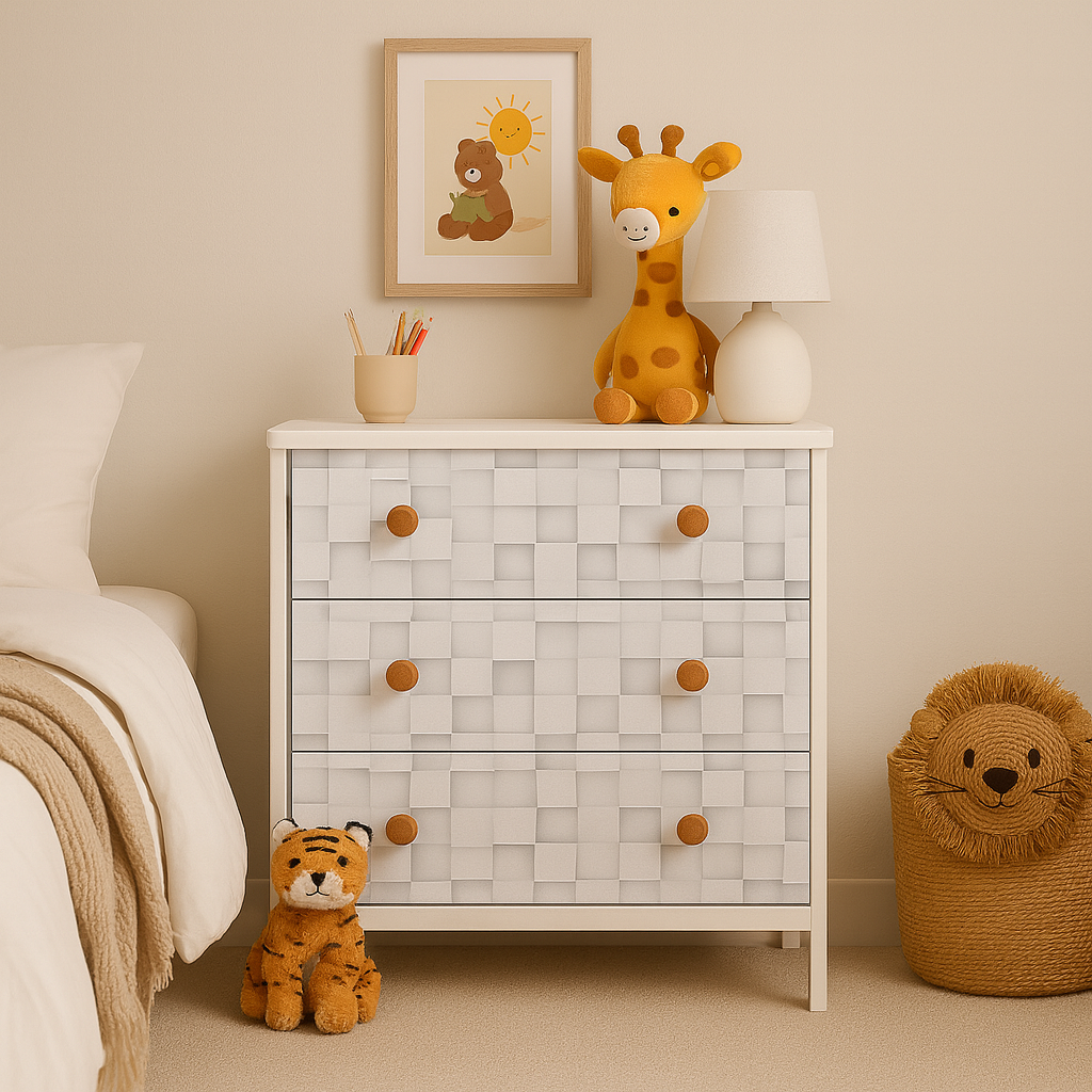 Hvit kommode på barnerom dekorert med kontaktplast i 3D-terningmønster og trehåndtak.