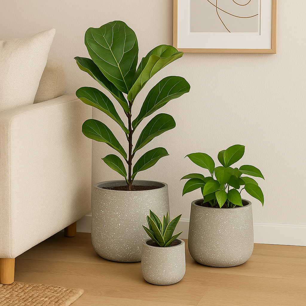 Tre planter i terrazzo-krukker plassert ved en lys sofa i en moderne og stilren stue.