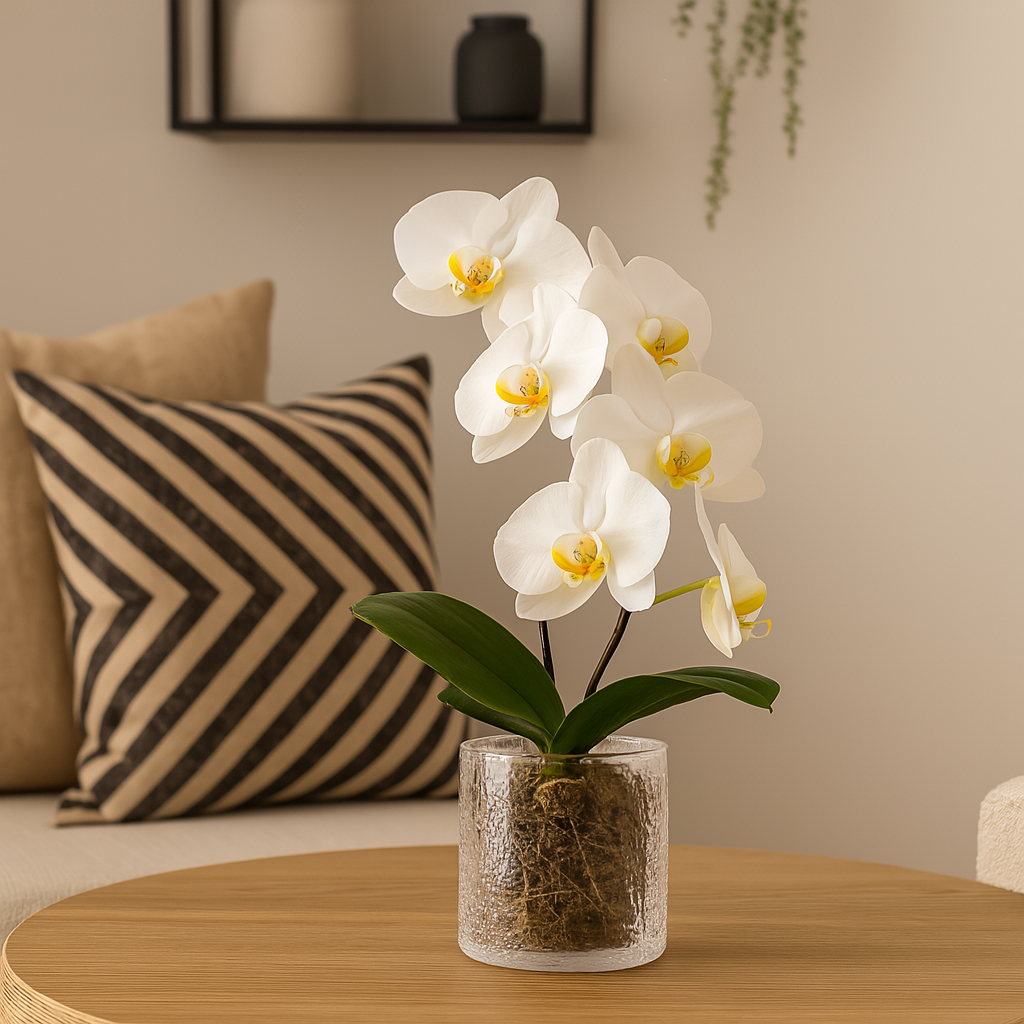 Orkidé i klar, strukturert glasspotte plassert i en moderne stue.
